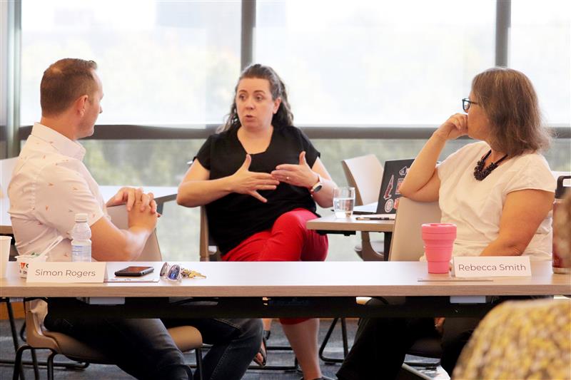 IHSI Senior Director for Research and Innovation Gill Snyder speaks with 2024 ERLA participants Simon Rogers and Rebecca Smith