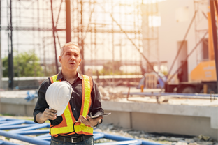 Construction worker takes hat off in sunlight with blurred new construction in the background.