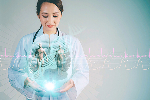 woman doctor levitating a glowing orb of health-related symbols