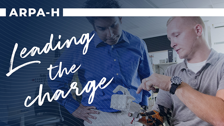 Text: ARPA-H Leading the chargeImage: Graduate student with prosthetic arm and client.