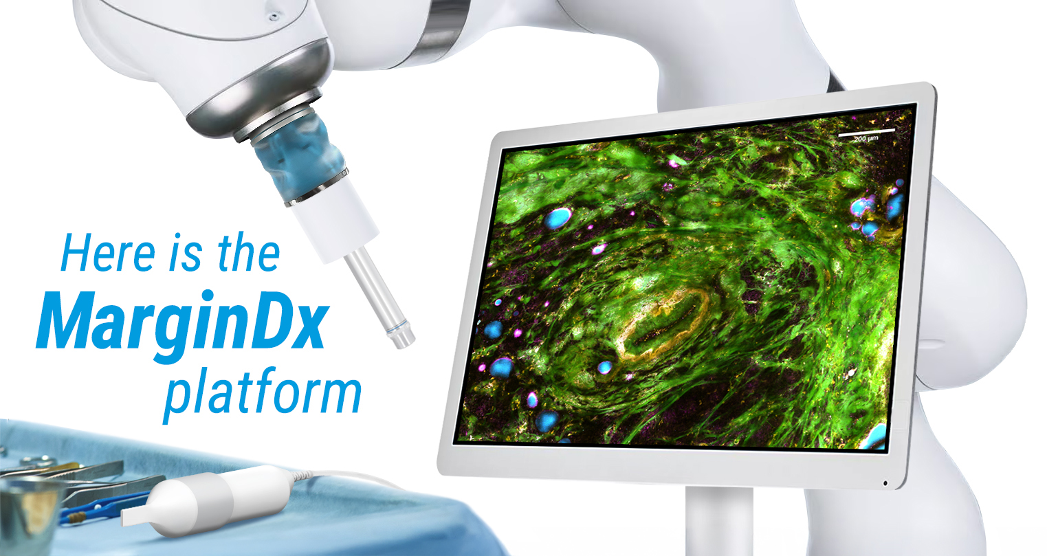 A handheld probe rests on a stand holding other surgical instruments. A robotic arm is mounted with high-resolution microscope. A monitor displaying microscopy image of breast tissue. Text: Here is the MarginDx platform