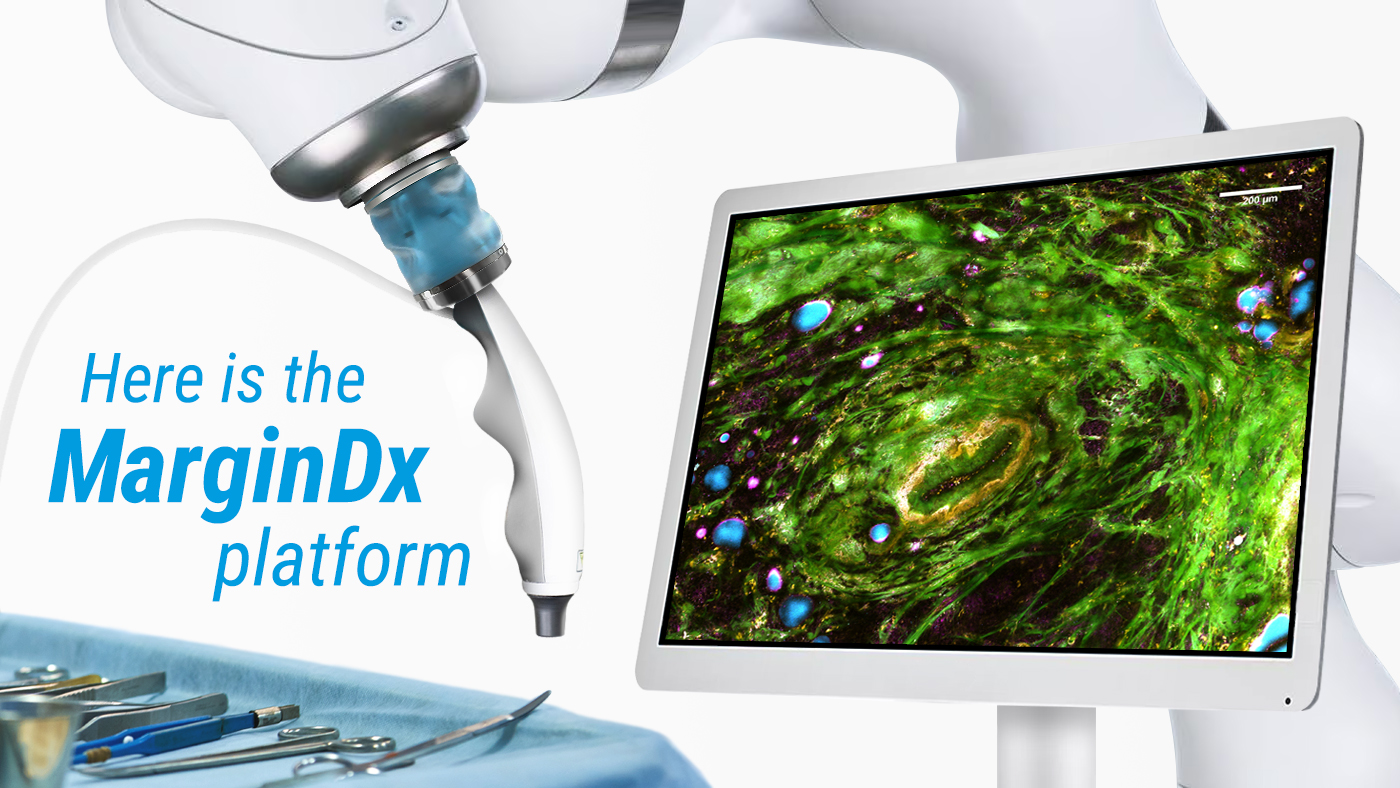 A handheld probe mounted to a surgical robotic arm with monitor displaying microscopy image of breast tissue. Text: Here is the MarginDx platform