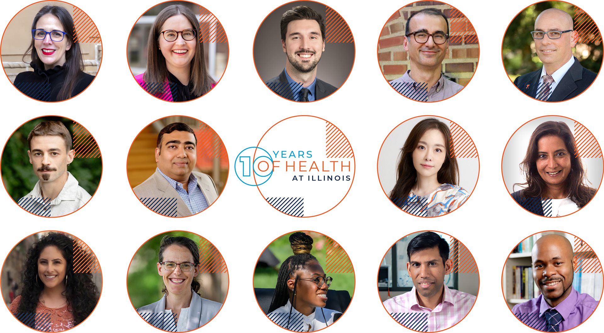 10 Years of Health collage displaying 14 researchers from the University of Illinois Urbana-Champaign